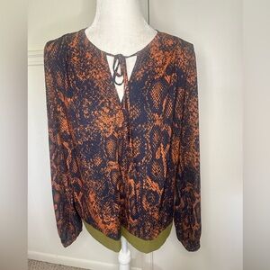CAbi Orange and Black Patterned Blouse with Green Trim size M